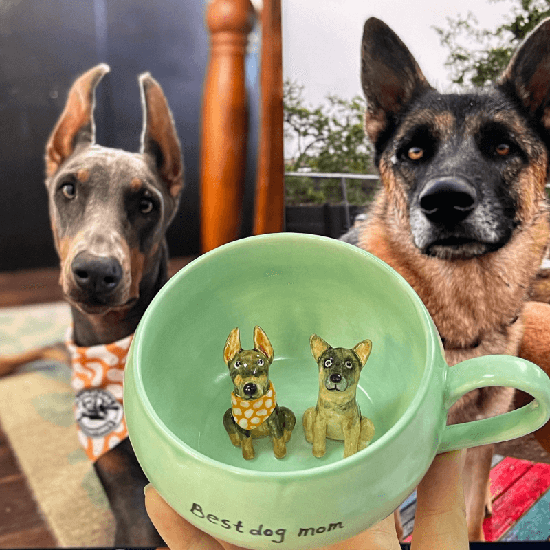 Handgemachte individuelle Haustierfigur in Keramiktasse - Deutscher Schäferhund